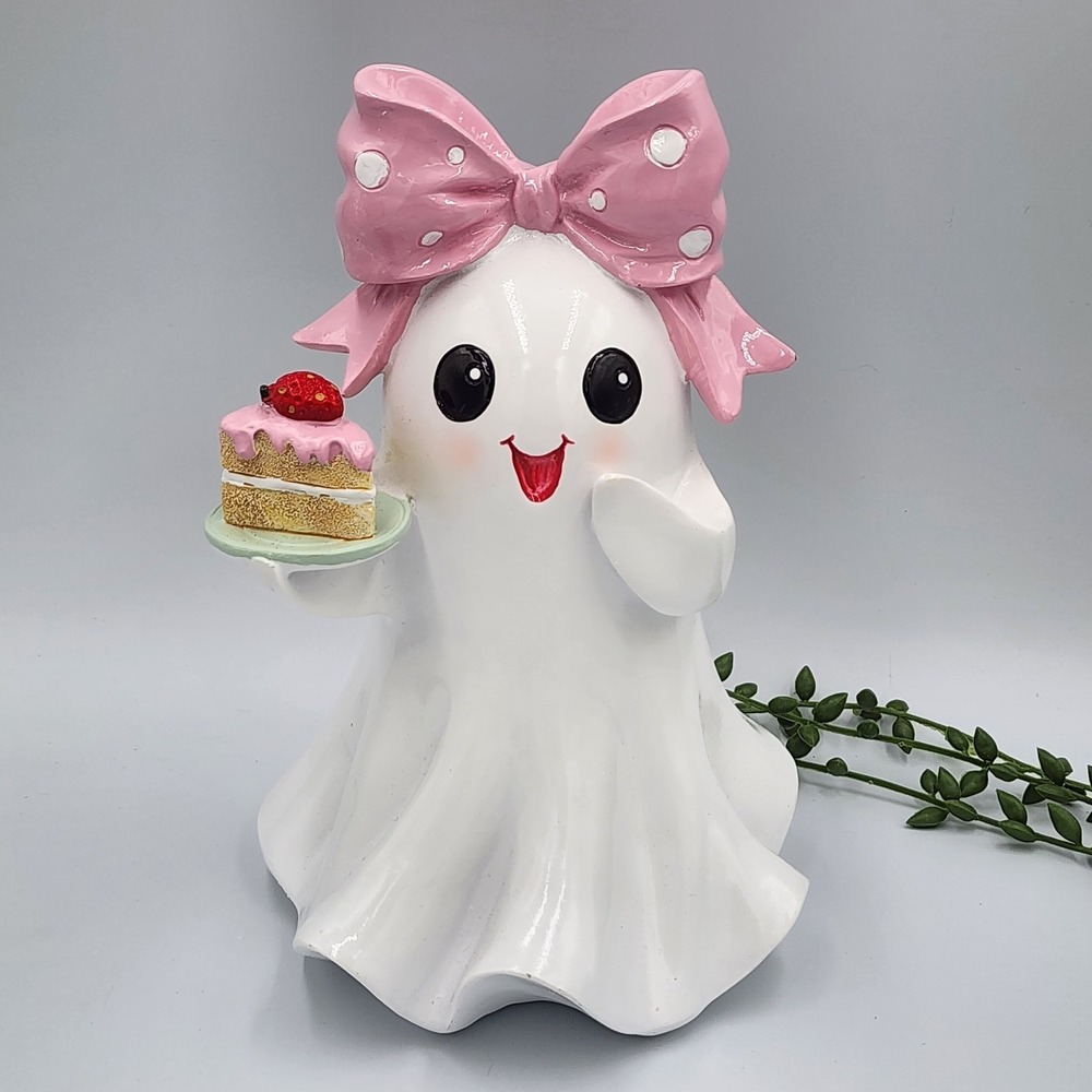 Halloween Ghost With PINK Polka Dot Bow Cake Table Top Decor 9" VIRAL TIKTOK NEW